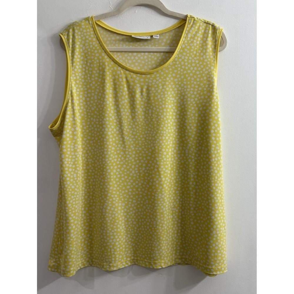 Susan Graver Liquid Knit Tank Top 1X Yellow White Polka Dot Sleeveless Office